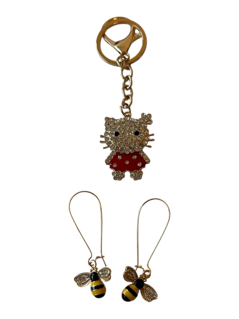 Crystal Kitty Charm Keychain with Bee Dangle Earrings - Gold & Red